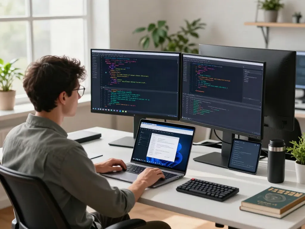 Developer coding with brave浏览器 interface design in a modern workspace