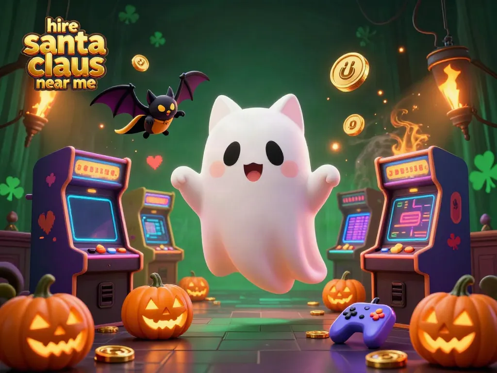 Experience joy by hiring Santa Claus near me in this vibrant Halloween casino scene.